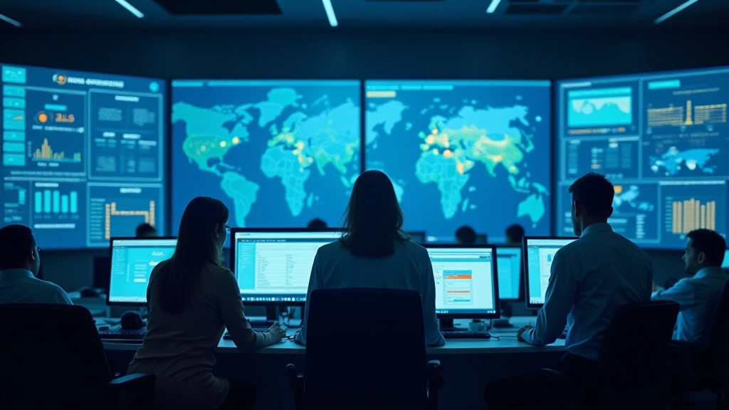 Merkez kontrol merkezi, operatörler harita ve veri ekranları izliyor