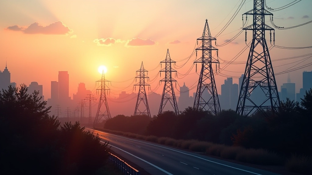 Yüksek gerilim elektrik hatları ve dağıtım trafoları, şehir ufuk çizgisi arka planda, gün batımı