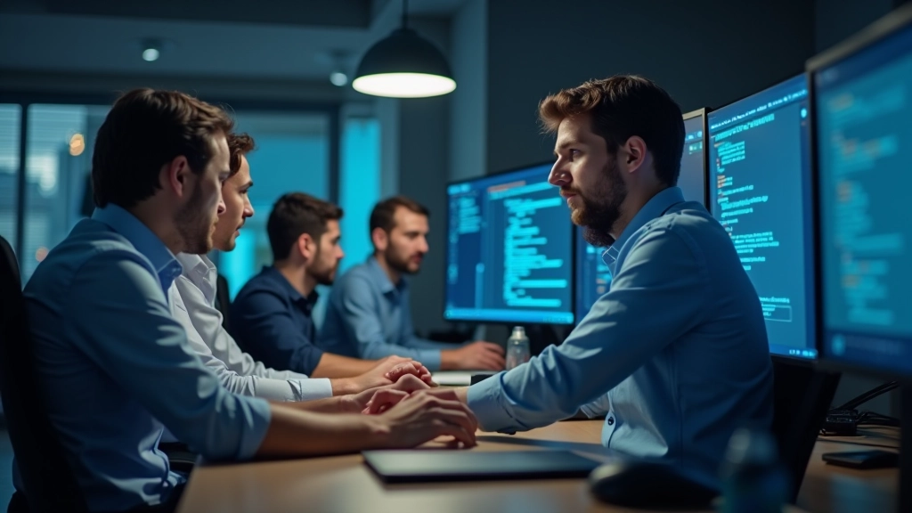 Yazılım geliştirici ekibi, ekran başında analitik yazılım geliştiriyor, modern ofis ortamı